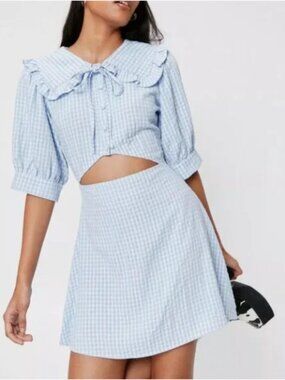 Nasty Gal - Baby Blue - Check Cut Out Puff Sleeve Mini Dress - US Size 6 - NWT